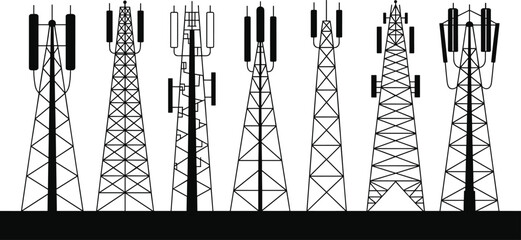 Telecommunication tower silhouette set, cellular network antennas and radio masts, wireless communication infrastructure, black minimal technology illustration icons vector collection