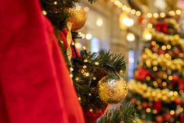 Luxury Christmas tree with lights, holiday card featuring decorated spruce, December magic scene