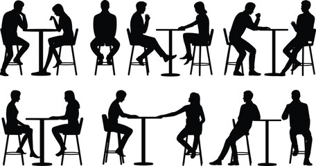 People sitting at table silhouettes set, men and women conversation, meeting, cafe discussion poses, black vector icons isolated