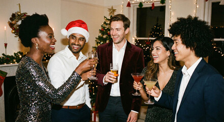 Diverse group of friends celebrating Christmas with a festive toast
