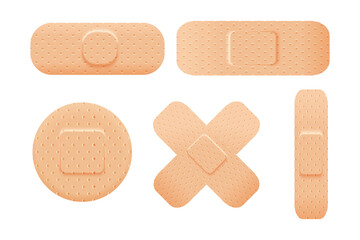 Medical adhesive bandage plaster set in various shapes for wound care, first aid, and healthcare design.