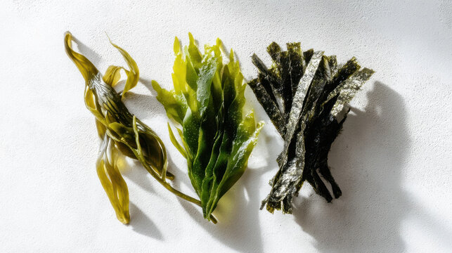 Various seaweeds kelp, ulva and nori on white background, fresh marine superfood