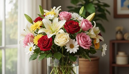 Vibrant Spring Bouquet Arrangement With Red Pink Yellow White Roses Lilies Daisies And Chrysanthemums In A Glass Vase On A Wooden Table With Soft Natural Light And Greenery