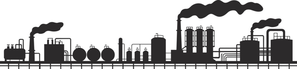 Industrial factory silhouette, manufacturing plant with smokestacks, heavy industry landscape, energy production, refinery infrastructure, environmental pollution concept illustration