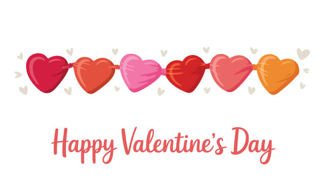 Colorful heart balloons tied together with string and small hearts flying around on white background saying happy valentines day