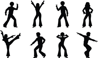 Disco dancer silhouette collection, retro dance poses from seventies era, black party figures, vintage music movement icons isolated