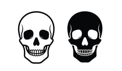 A stark black and white depiction showcases two human skulls one detailed and the other silhouetted creating a somber and minimalist graphic design