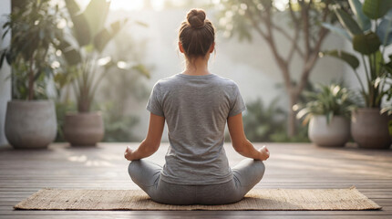 Fototapeta premium Back View of Young Woman Practicing Sukhasana Yoga Pose