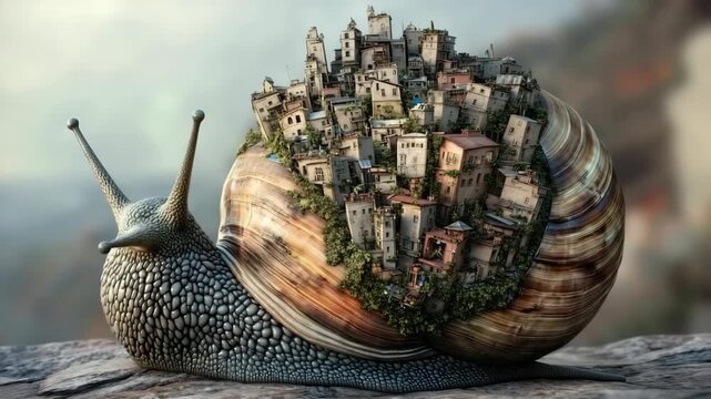 Snail carrying a miniature city on its back in a vibrant natural setting during daylight hours