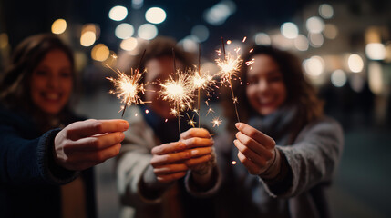 Naklejka na ściany i meble Faceless group of friends holding burning sparklers at night party heavily defocused bokeh background anonymous people celebrating festive holiday New Year's Eve or