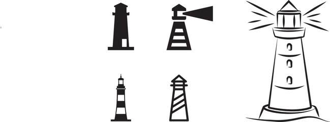 Lighthouse Navigation Symbol Coastal Sea Signal Tower Maritime Safety Icon Set