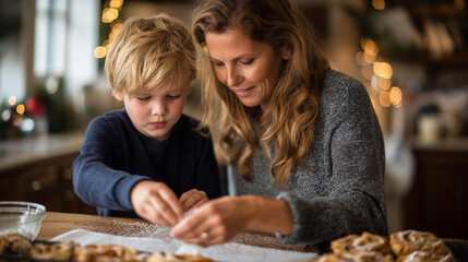 Faceless mother and son dusting sugar on cinnamon buns at table heavily defocused kitchen background anonymous family baking together holiday cooking tradition seasonal pastry