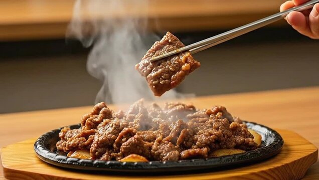 Close up of sizzling hot meat on a cast iron plate with steam rising.