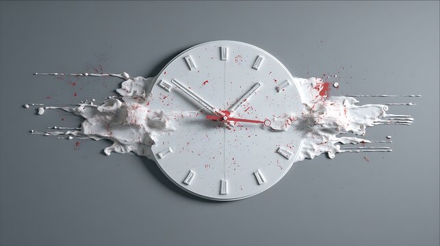 Exploding clock with paint splatter effect on gray background