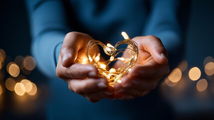 Faceless hands holding heart shape made of glowing Christmas lights heavily defocused dark background anonymous person creating festive symbol holiday love representation