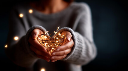 Faceless hands holding heart shape made of glowing Christmas lights heavily defocused dark background anonymous person creating festive symbol holiday love representation