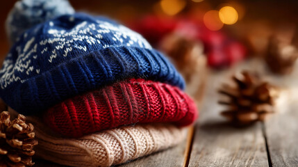 Collage with festive winter hats set closeup defocused background isolated on transparent backdrop Christmas and New Year celebration accessories holiday headwear collection
