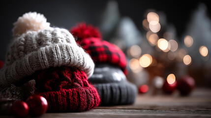 Collage with festive winter hats set closeup defocused background isolated on transparent backdrop Christmas and New Year celebration accessories holiday headwear collection