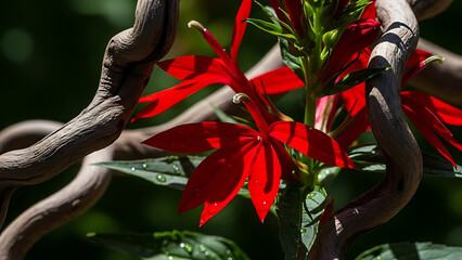 A close-up view of vibrant red flowers contrasted against a twisted wooden structure in a garden setting