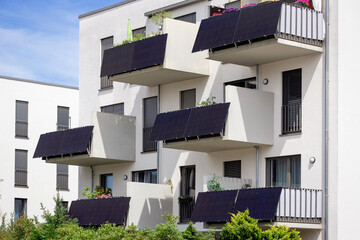 Solar Panels Balcony of Modern Residential Apartment Building in Eco City. Photovoltaic Panel...