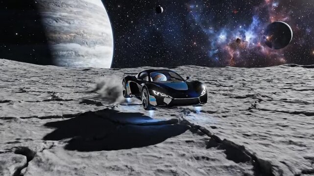 Hover car explores alien moon surface, majestic gas giant and starry cosmos, symbolizing advanced space exploration
