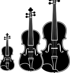 Vintage illustration of three violins in different sizes on a white background
