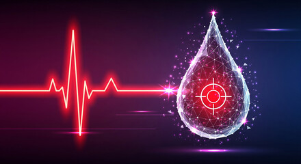 Glowing red heart rate monitor line intersects a futuristic polygonal blood drop with a target symbol