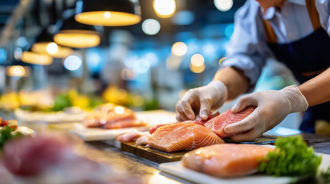 Faceless worker in protective gear and gloves sorting fresh fish in professional seafood processing facility during afternoon shift, quality control inspection, defocused plant, wi