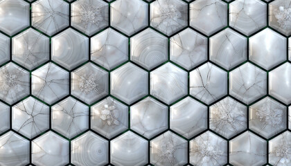 An intricate abstract pattern of raised hexagonal tiles featuring a blend of milky white textures, some cracked and others smooth, creating a striking geometric surface.