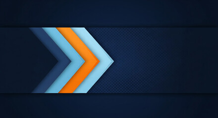 Abstract dark blue background design featuring layered orange and light blue chevron arrows pointing right