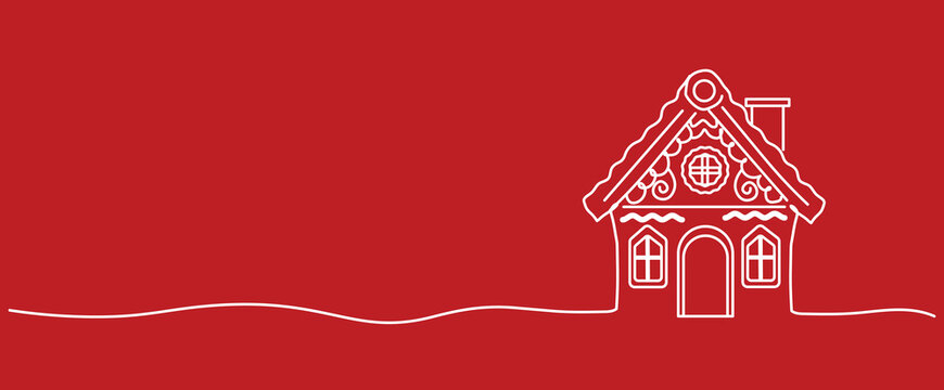 snow covered gingerbread house cookie with lights One Continuous line art drawing vector illustration, outline Hand drawn line art banner poster background transparent isolated clipart sign symbol red