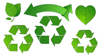 Fototapeta premium Collection of green elements recycling symbols, leaves, and arrows suggesting eco-friendly actions