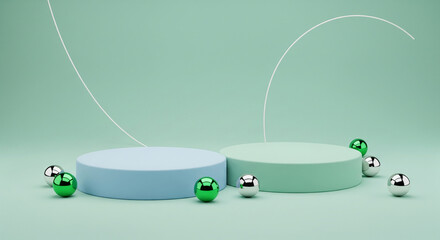 Minimalist product display featuring two pastel podiums with chrome and green spheres against mint