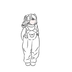 Cute Toddler in Bear Overalls Line Art