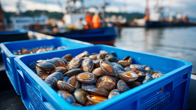 Fresh bivalves arranged in cobalt blue storage box at coastal fishery, faceless seasoned harvesters sorting ocean bounty, professional shellfish handling, defocused waterfront, wit