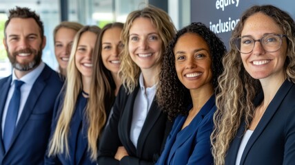 Executive team with strong female representation in business formal attire standing confidently by company values wall