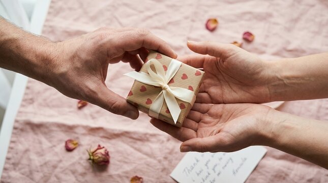 Mans Hand Presents Heart Gift to Woman Amidst Rose Petals and Note - Powered by Adobe