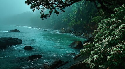 Turquoise sea and reefs: Surging Marrs Green water meets the shore, with white-flowered vegetation on the right and misty tropical woods creating a serene paradise