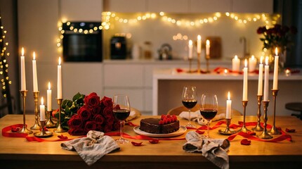 Romantic Dinner Table Setup with Cake, Wine, Candles, and Red Roses