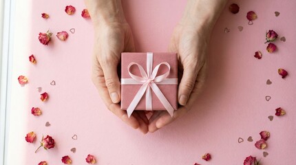 Two Hands Holding Pink Gift Box with Ribbon Amidst Rose Petals and Hearts
