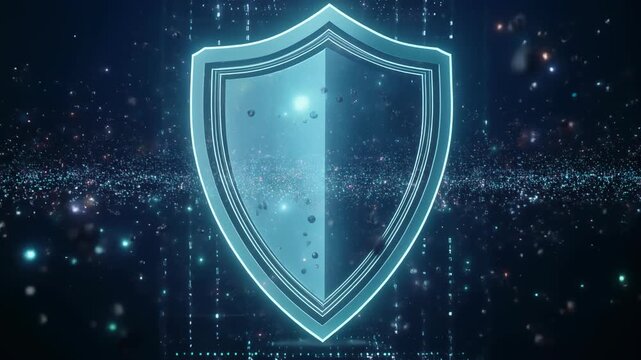 Blue shield icon with a ribbon, a shiny vector symbol of security and protection