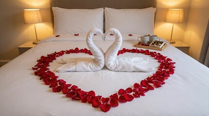 Romantic Bed Decoration with Towel Swans, Rose Petals, and Chocolates