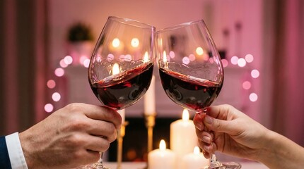 Couple Toasting Red Wine Glasses at Romantic Candlelit Dinner