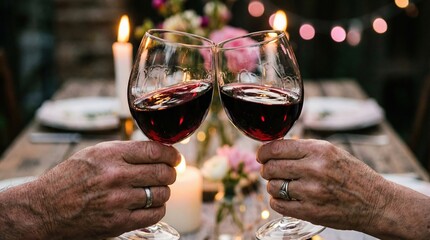 Mature Couple Toasting with Red Wine Glasses at a Romantic Candlelit Dinner