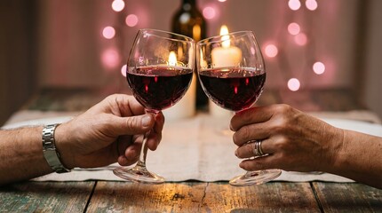 Two People Toasting with Red Wine Glasses at a Romantic Candlelit Dinner