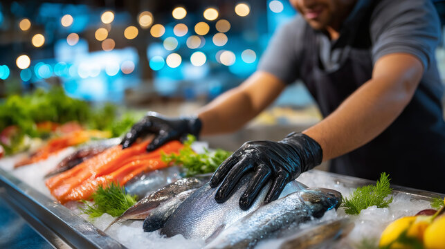 Faceless fishmonger sorting fresh seafood on icy market display wearing protective black gloves, maintaining strict quality standards, professional fish handling, defocused stall, 