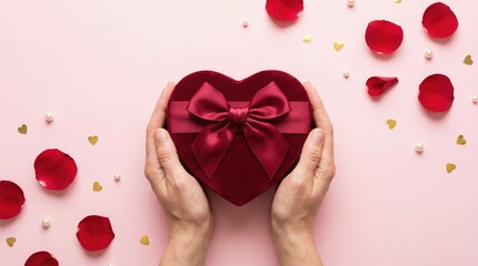 Hands Holding Velvet Heart Gift Box on Pink Background with Rose Petals