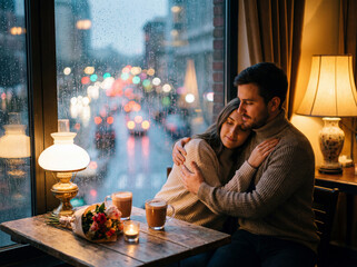 Tender Moment of a Couple Embracing by a Window on a Rainy Evening