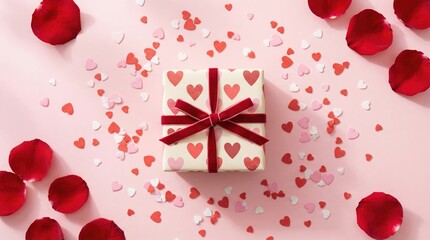 Romantic Valentines Gift Box Surrounded by Hearts and Rose Petals