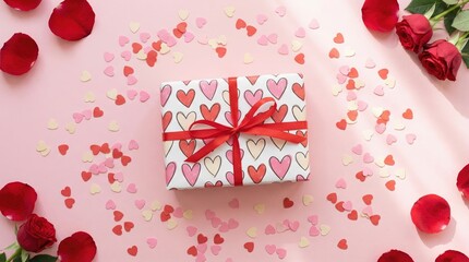Romantic Flat Lay with Heart patterned Gift Box, Rose Petals, and Confetti